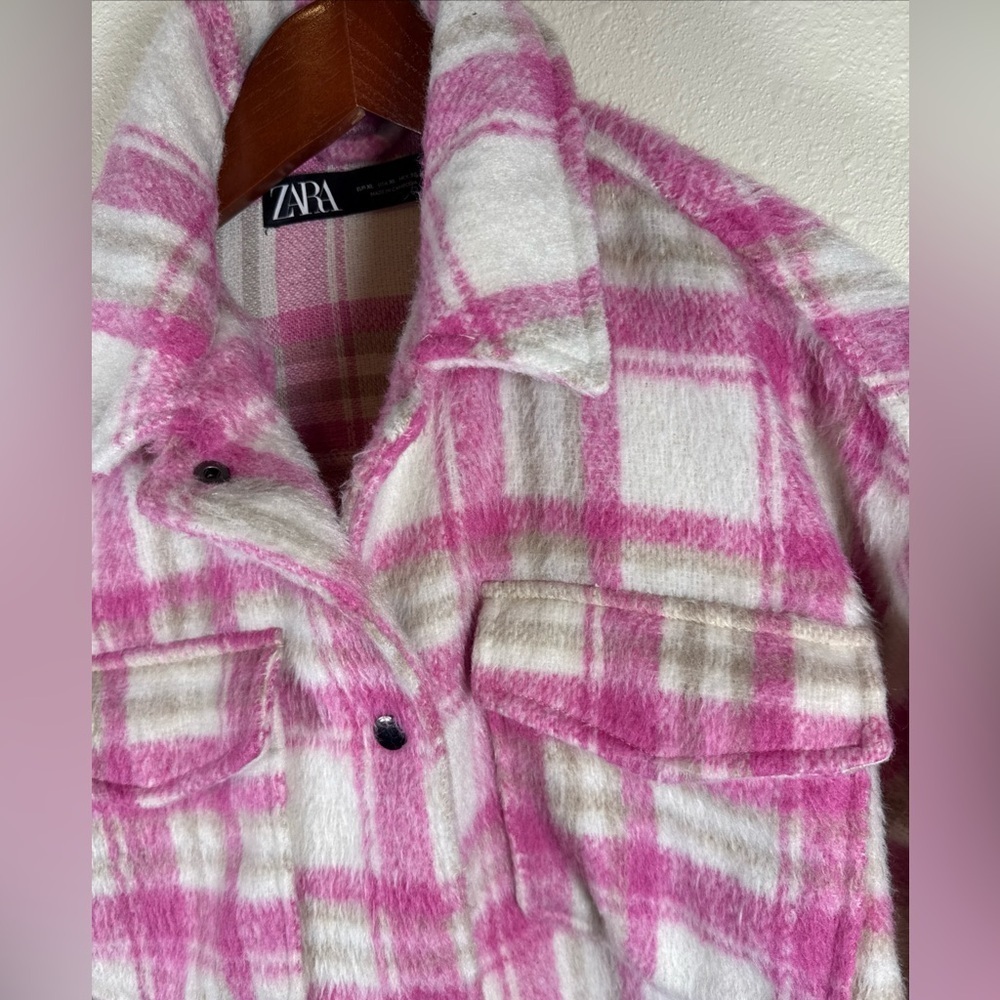 Zara womens jacket Cropped Pink Plaid Thick Shacket size XL - Picture 3 of 8